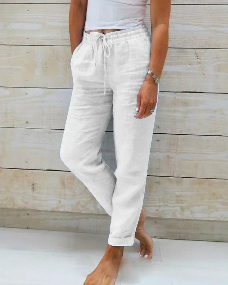 Linnen Broek | Hoge Taille | Elastische Taille | Katoenen Broek | Vrouwenbroek-Boetiek Moda