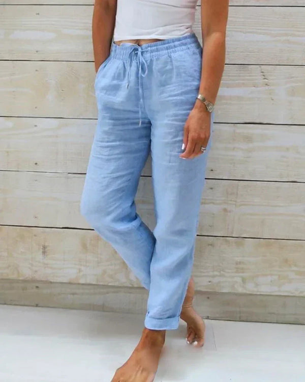 Linnen Broek | Hoge Taille | Elastische Taille | Katoenen Broek | Vrouwenbroek-Boetiek Moda