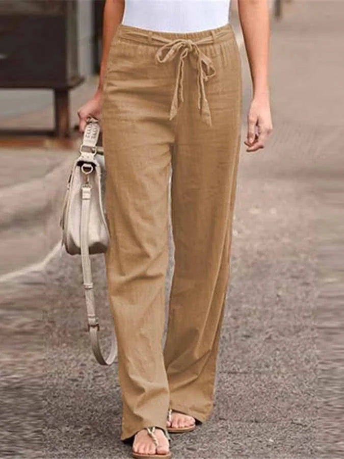 Linnen Broek - Hoge Taille - Los model - Broek met wijde pijpen - Dames Zomerbroek-Boetiek Moda
