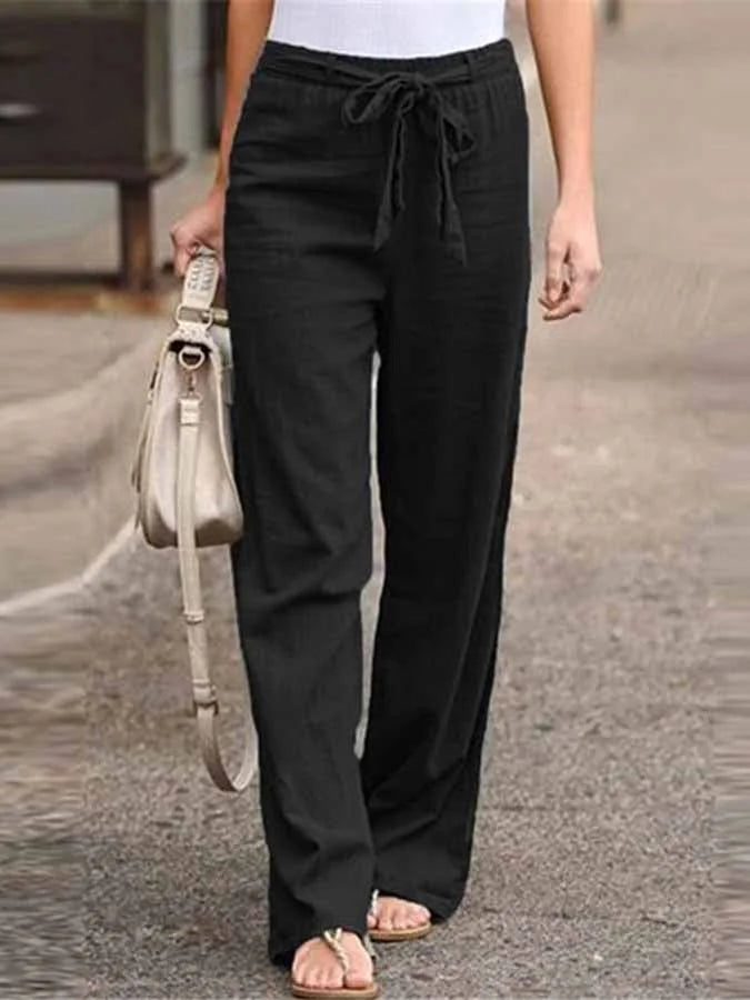 Linnen Broek - Hoge Taille - Los model - Broek met wijde pijpen - Dames Zomerbroek-Boetiek Moda