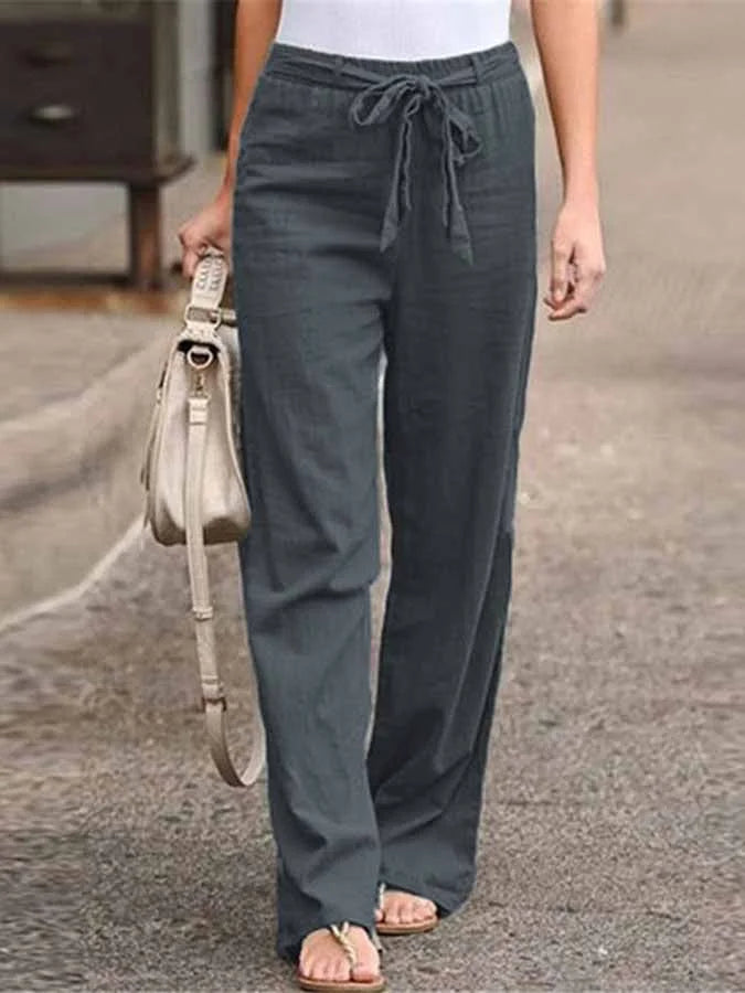 Linnen Broek - Hoge Taille - Los model - Broek met wijde pijpen - Dames Zomerbroek-Boetiek Moda