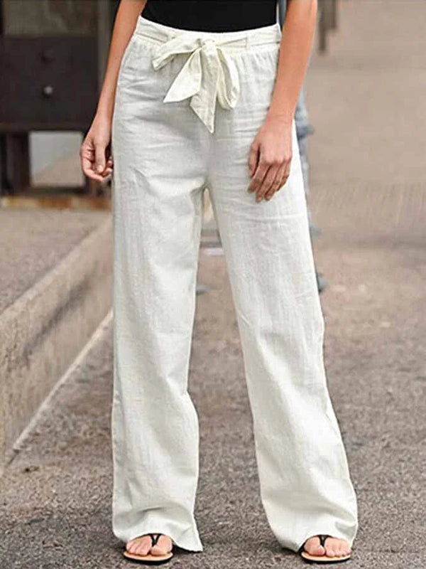 Linnen Broek - Hoge Taille - Los model - Broek met wijde pijpen - Dames Zomerbroek-Boetiek Moda