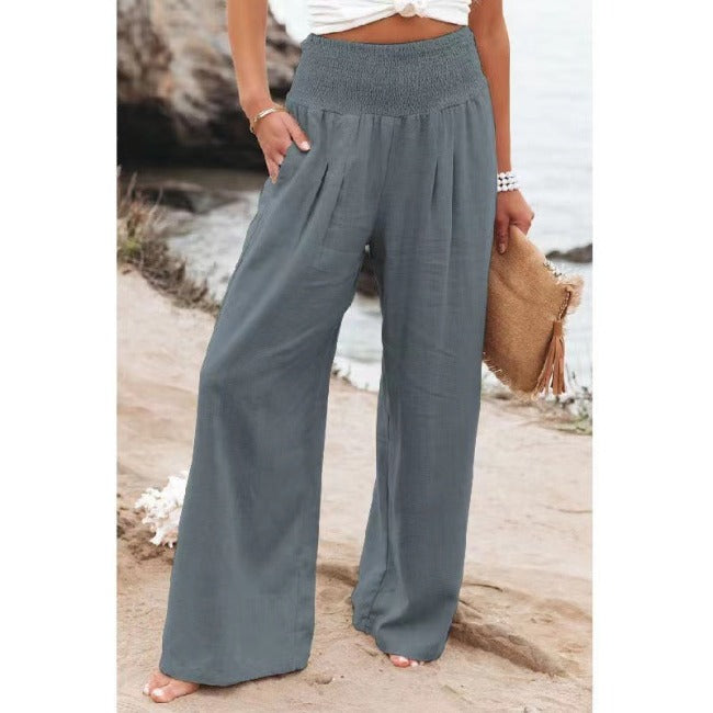 Linnen Broek | Hoge Taille | Losse Pasvorm | Zomerbroek | Broek Met Wijde Pijpen Vrouwen-Boetiek Moda