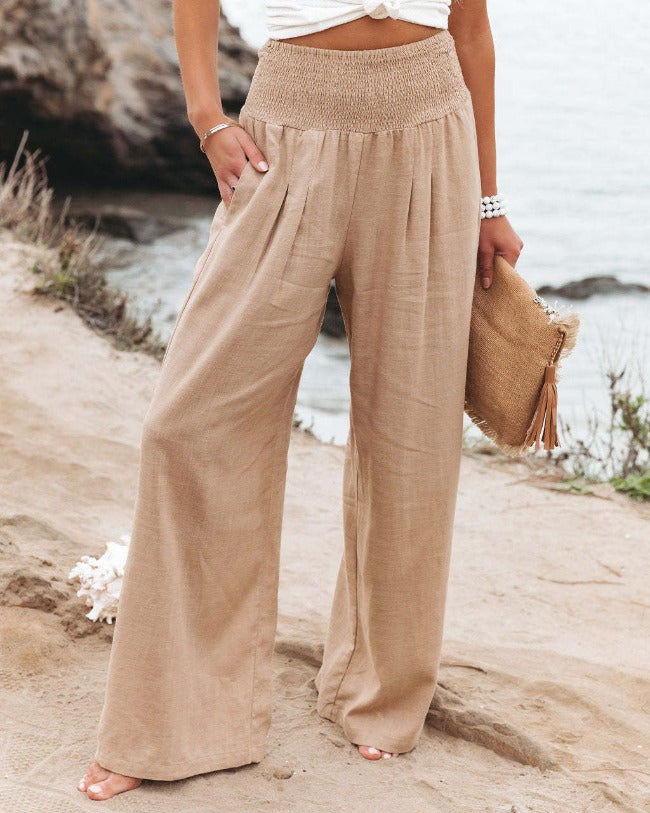Linnen Broek | Hoge Taille | Losse Pasvorm | Zomerbroek | Broek Met Wijde Pijpen Vrouwen-Boetiek Moda