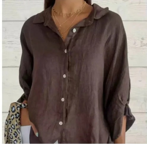 Linnen Hemd - Lichtgewicht damesblouse met lange mouwen en knoopsluiting voor de zomer-Boetiek Moda