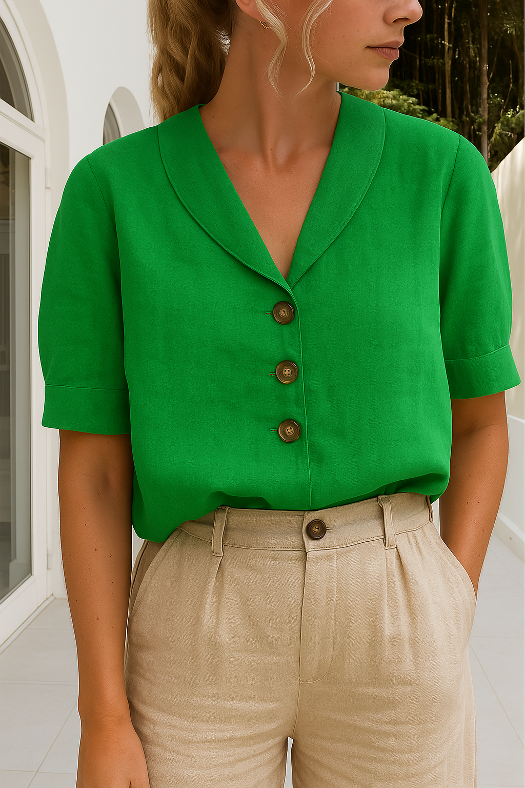Linnen Top | Korte Mouw | Losse Pasvorm | Blouse | Linnen T-Shirts Vrouwen-Boetiek Moda