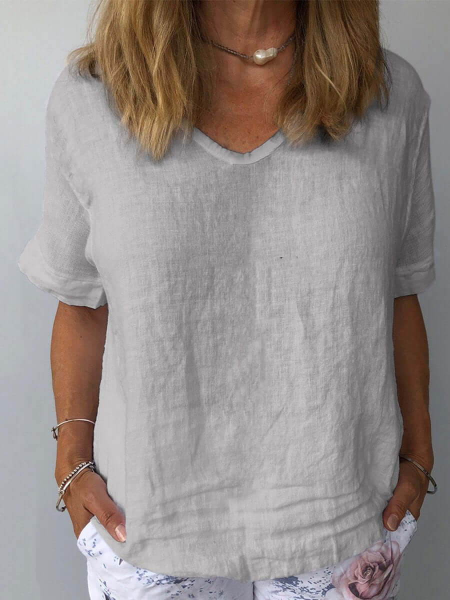 Linnen Top - Losjes Fit - Korte Mouw - Linnen Blouse - Dames T-shirt-Boetiek Moda