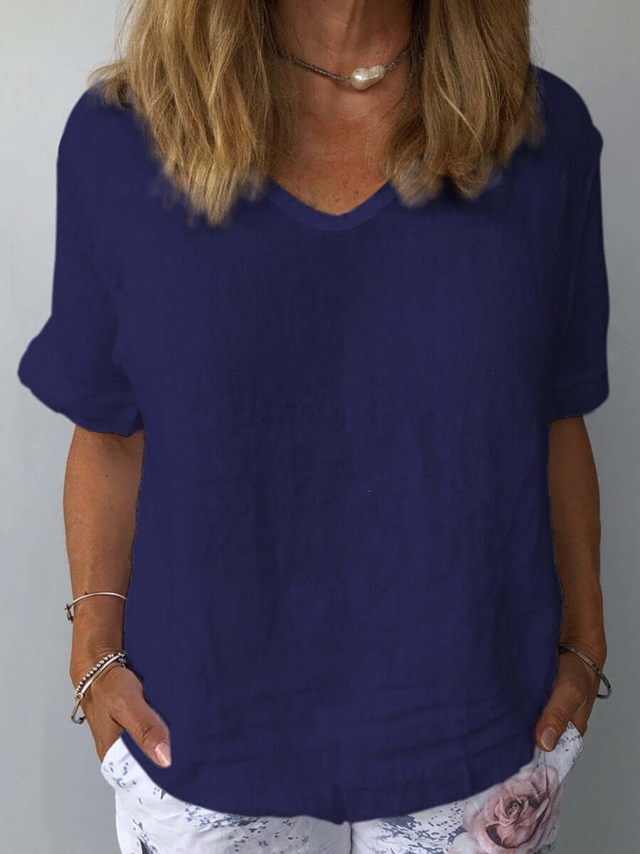 Linnen Top - Losjes Fit - Korte Mouw - Linnen Blouse - Dames T-shirt-Boetiek Moda
