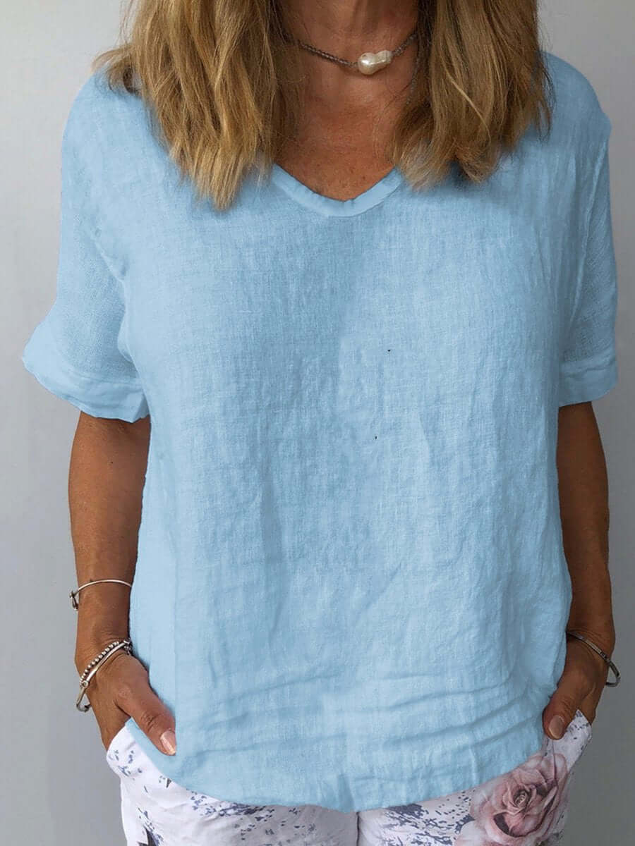 Linnen Top - Losjes Fit - Korte Mouw - Linnen Blouse - Dames T-shirt-Boetiek Moda