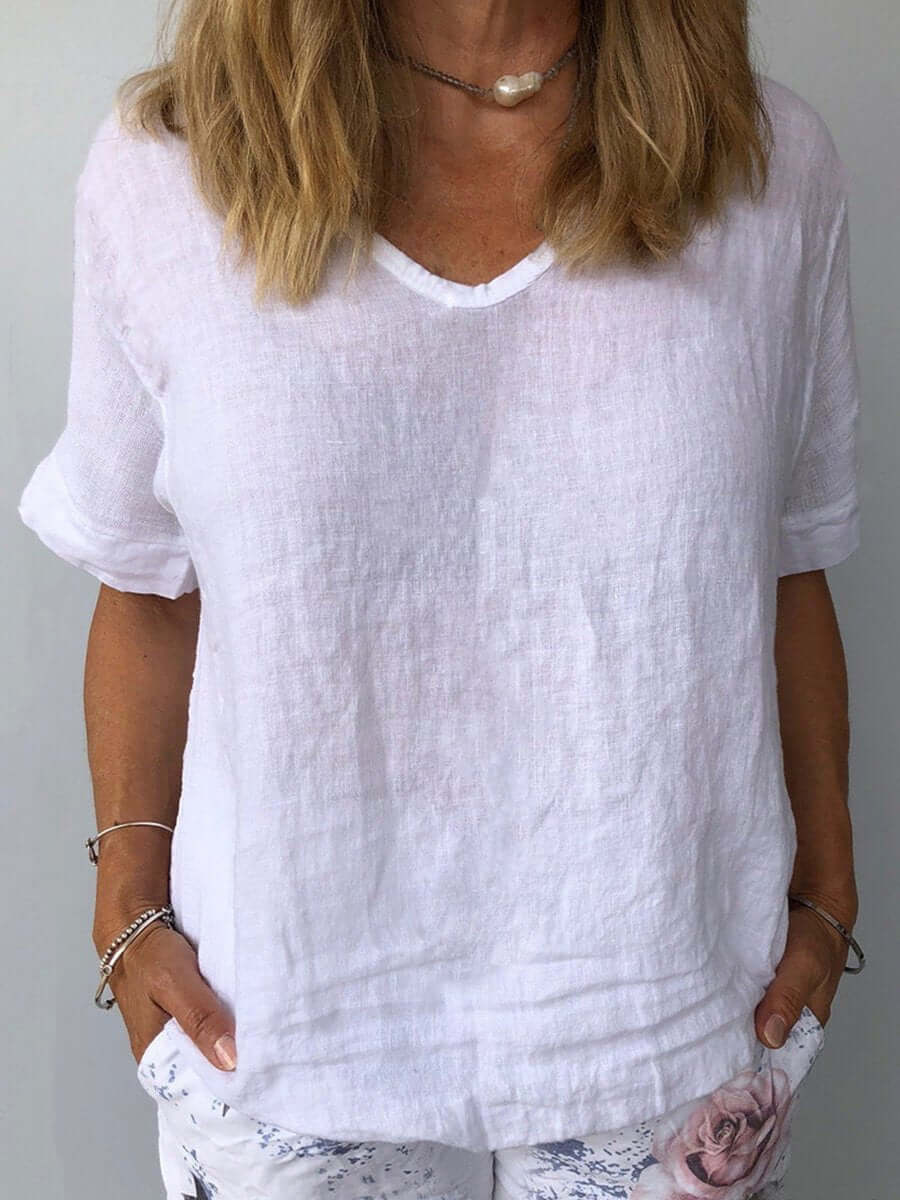 Linnen Top - Losjes Fit - Korte Mouw - Linnen Blouse - Dames T-shirt-Boetiek Moda