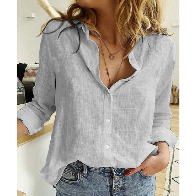 Linnen blouse - Katoen - Lange mouwen - Knoopsluiting - Linnen overhemden Dames-Boetiek Moda