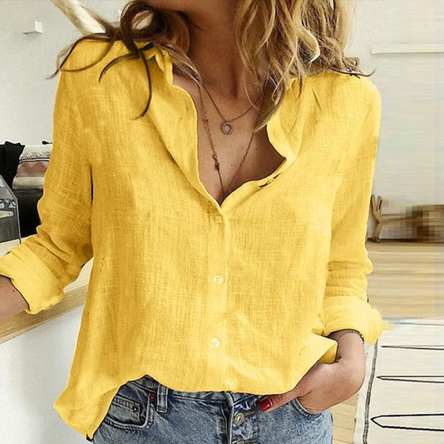 Linnen blouse - Katoen - Lange mouwen - Knoopsluiting - Linnen overhemden Dames-Boetiek Moda