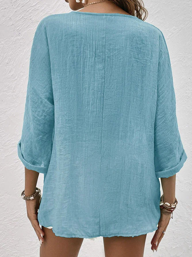 Linnen blouse | Losse pasvorm | V-hals | Blouse met knopen | Linnen overhemden voor dames-Boetiek Moda