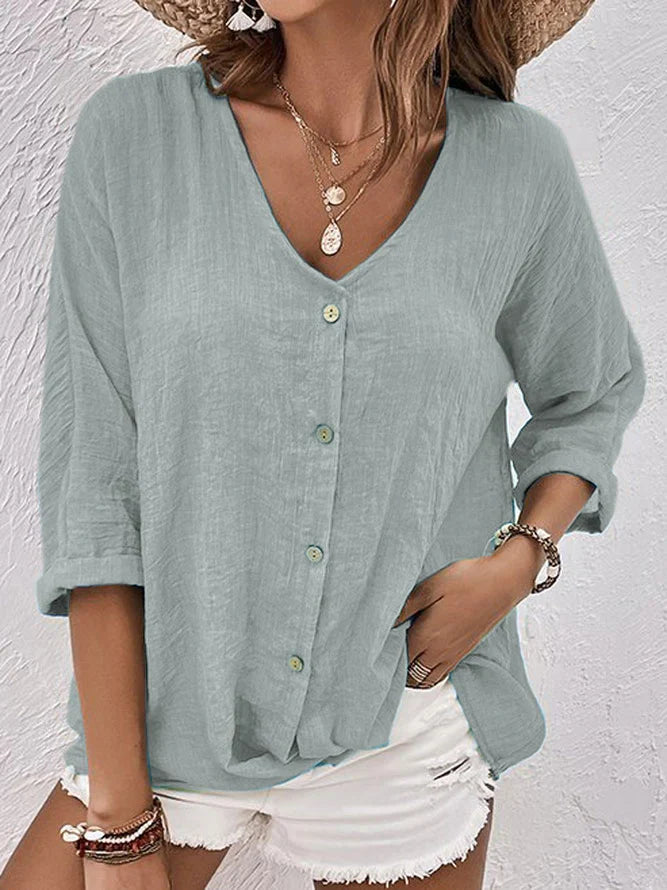 Linnen blouse | Losse pasvorm | V-hals | Blouse met knopen | Linnen overhemden voor dames-Boetiek Moda