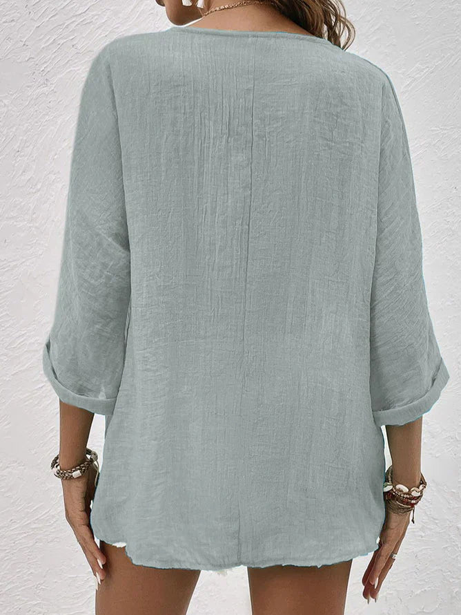 Linnen blouse | Losse pasvorm | V-hals | Blouse met knopen | Linnen overhemden voor dames-Boetiek Moda