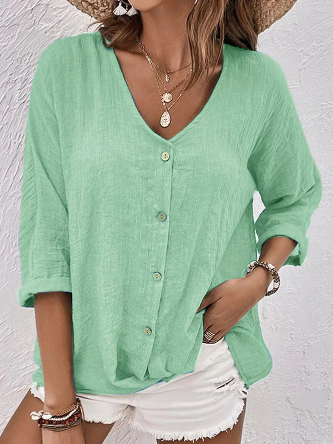 Linnen blouse | Losse pasvorm | V-hals | Blouse met knopen | Linnen overhemden voor dames-Boetiek Moda