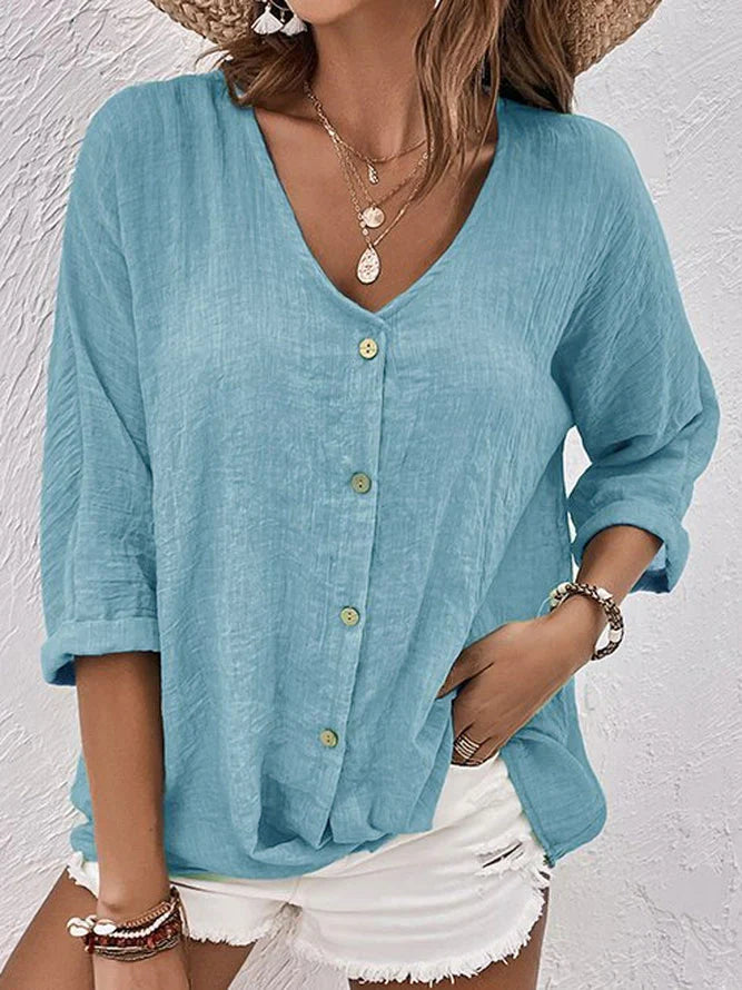 Linnen blouse | Losse pasvorm | V-hals | Blouse met knopen | Linnen overhemden voor dames-Boetiek Moda