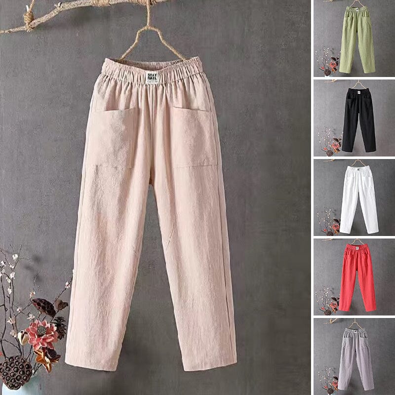Linnen broek - Damesbroek met elastische taille enkellengte en losse pasvorm van katoen-Boetiek Moda