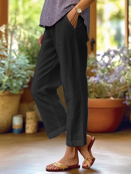 Linnen broek | Katoen | Los model | Broek met rechte pijpen | Damesbroek-Boetiek Moda