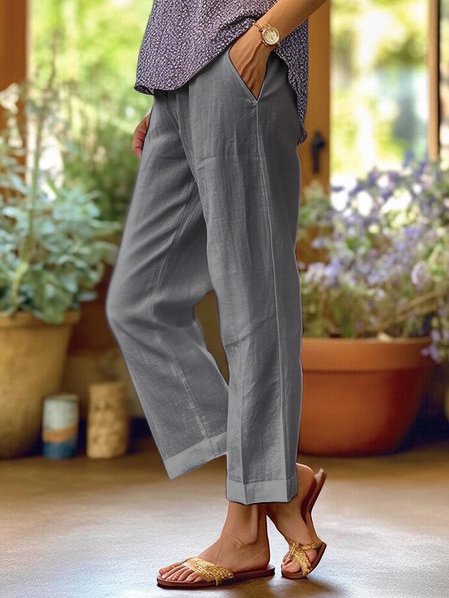 Linnen broek | Katoen | Los model | Broek met rechte pijpen | Damesbroek-Boetiek Moda