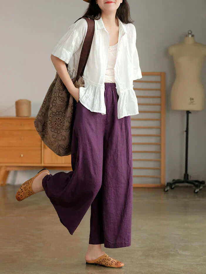 Linnen broek - Los model - Elastische taille - Zomerbroek - Damesbroek-Boetiek Moda