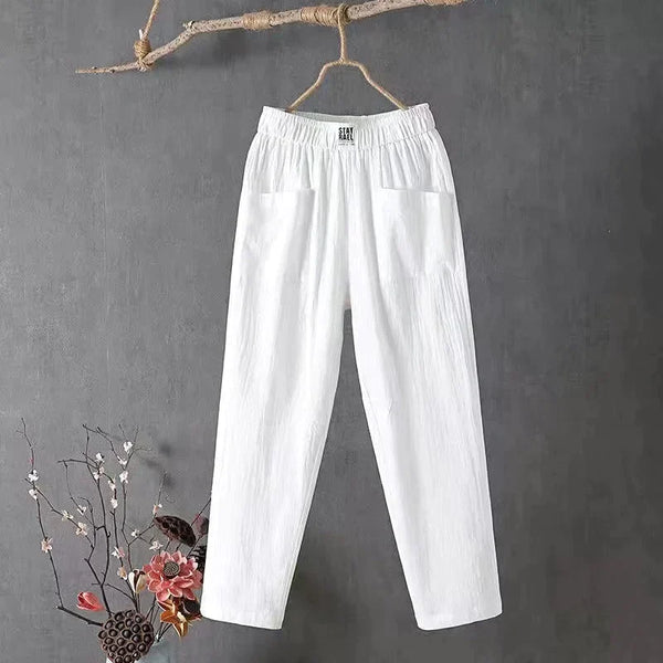 Linnen broek - Losvallende katoenen zomerbroek voor dames met elastische tailleband-Boetiek Moda