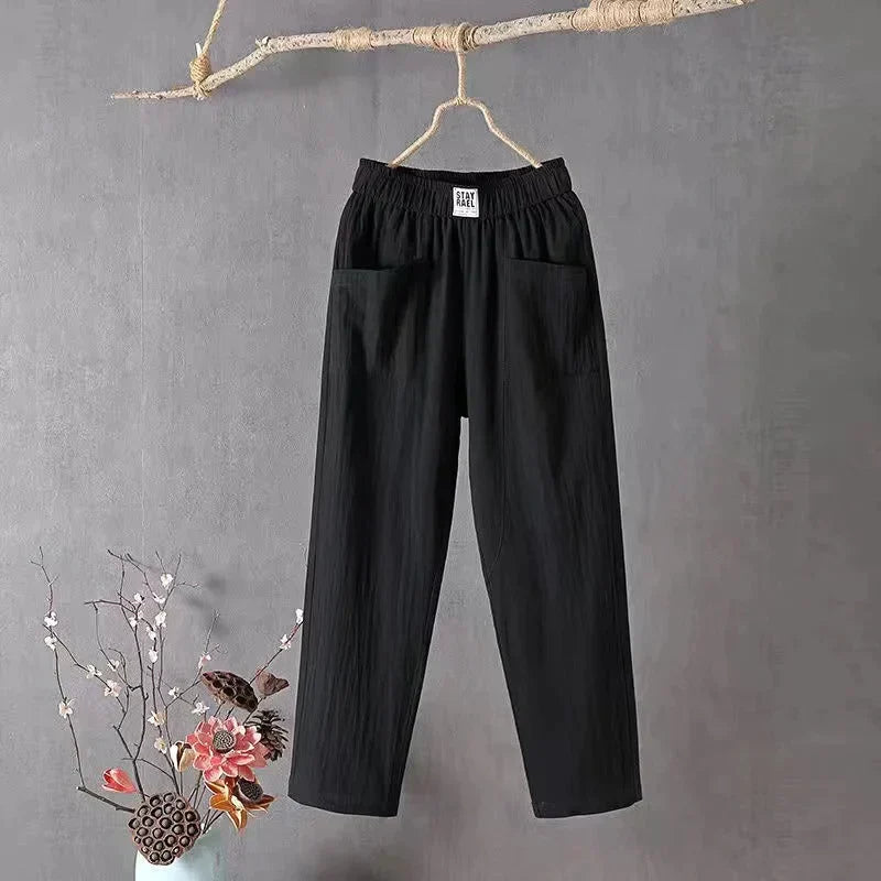 Linnen broek - Losvallende katoenen zomerbroek voor dames met elastische tailleband-Boetiek Moda