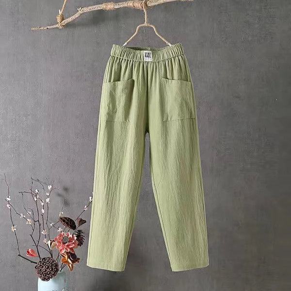 Linnen broek - Losvallende katoenen zomerbroek voor dames met elastische tailleband-Boetiek Moda