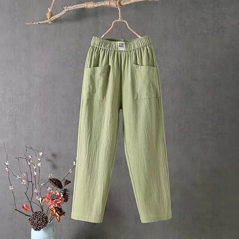 Linnen broek - Losvallende katoenen zomerbroek voor dames met elastische tailleband-Boetiek Moda