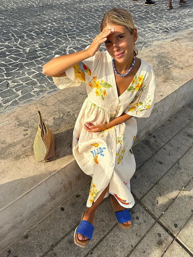 Linnen jurk | Button-Up | V-hals | Midi jurk | Zomerjurk-Boetiek Moda