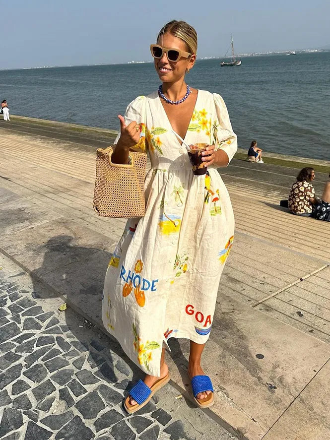 Linnen jurk | Button-Up | V-hals | Midi jurk | Zomerjurk-Boetiek Moda
