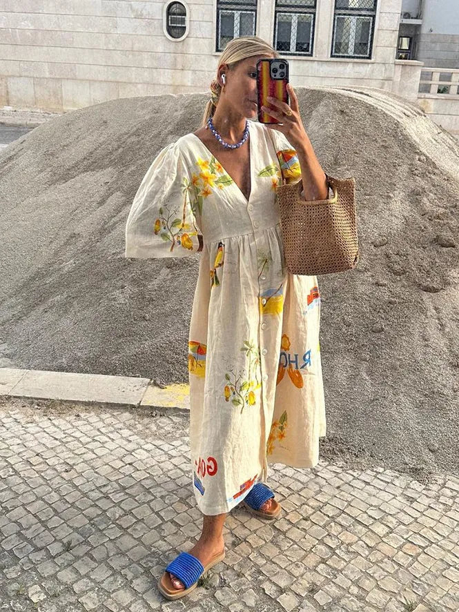 Linnen jurk | Button-Up | V-hals | Midi jurk | Zomerjurk-Boetiek Moda