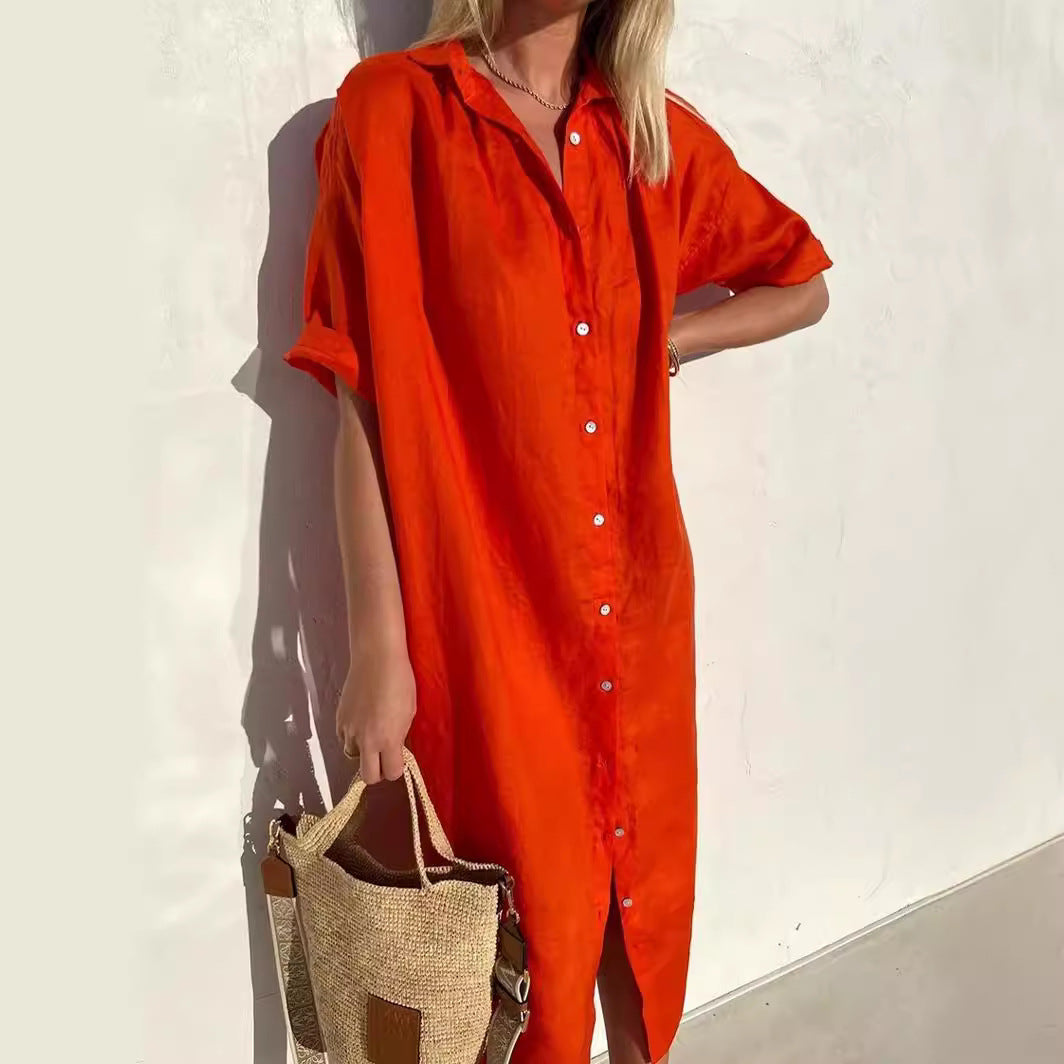 Linnen jurk | Knoopsluiting | Korte mouwen | Overhemdjurk | Zomerjurk-Boetiek Moda