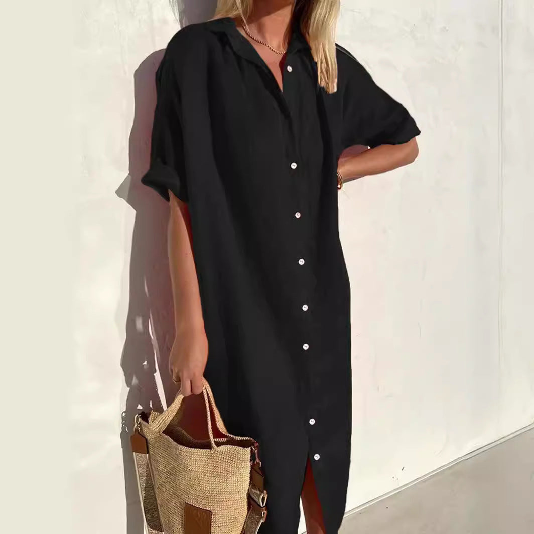 Linnen jurk | Knoopsluiting | Korte mouwen | Overhemdjurk | Zomerjurk-Boetiek Moda