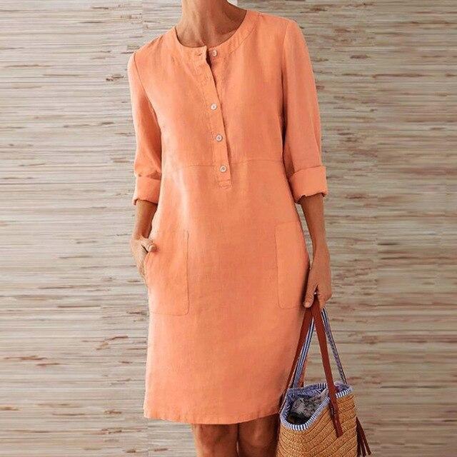 Linnen jurk | Lange mouwen | Knoopsluiting | Knie-lengte | Zomerjurk-Boetiek Moda