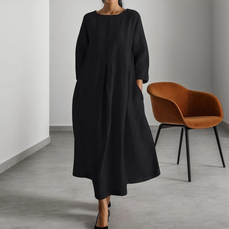 Linnen jurk - Long Sleeve Loose Fit Maxi Dress met zakken-Boetiek Moda