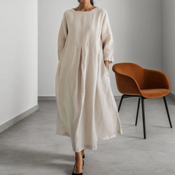 Linnen jurk - Long Sleeve Loose Fit Maxi Dress met zakken-Boetiek Moda