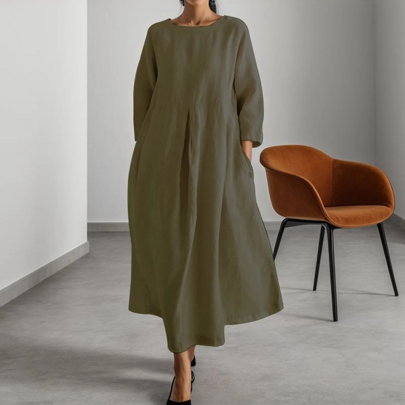 Linnen jurk - Long Sleeve Loose Fit Maxi Dress met zakken-Boetiek Moda