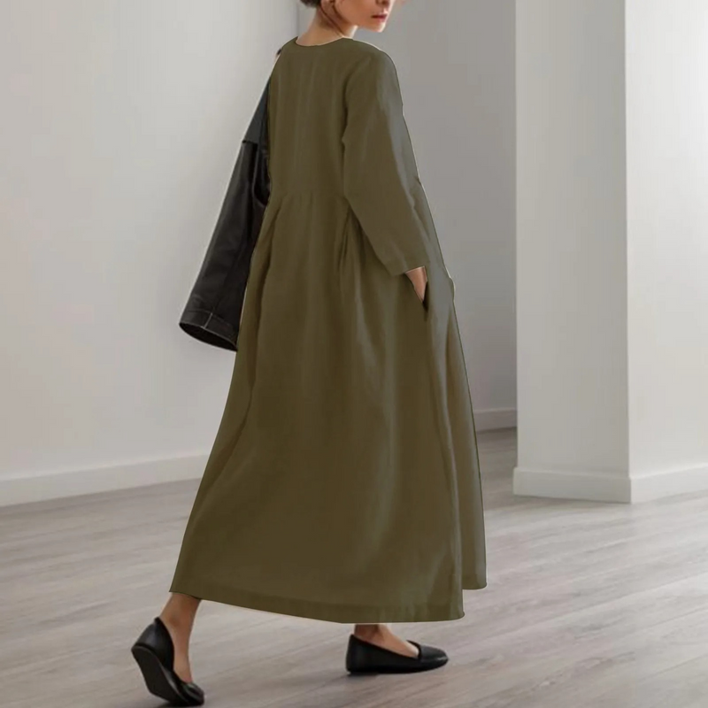 Linnen jurk - Long Sleeve Loose Fit Maxi Dress met zakken-Boetiek Moda