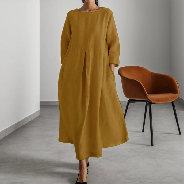 Linnen jurk - Long Sleeve Loose Fit Maxi Dress met zakken-Boetiek Moda