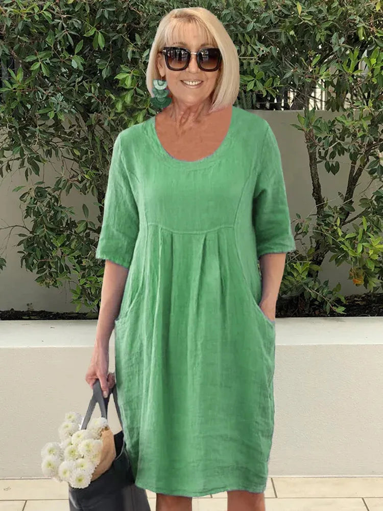 Linnen jurk | Losse pasvorm | Halve mouwen | Casual jurk | Zomerjurk-Boetiek Moda