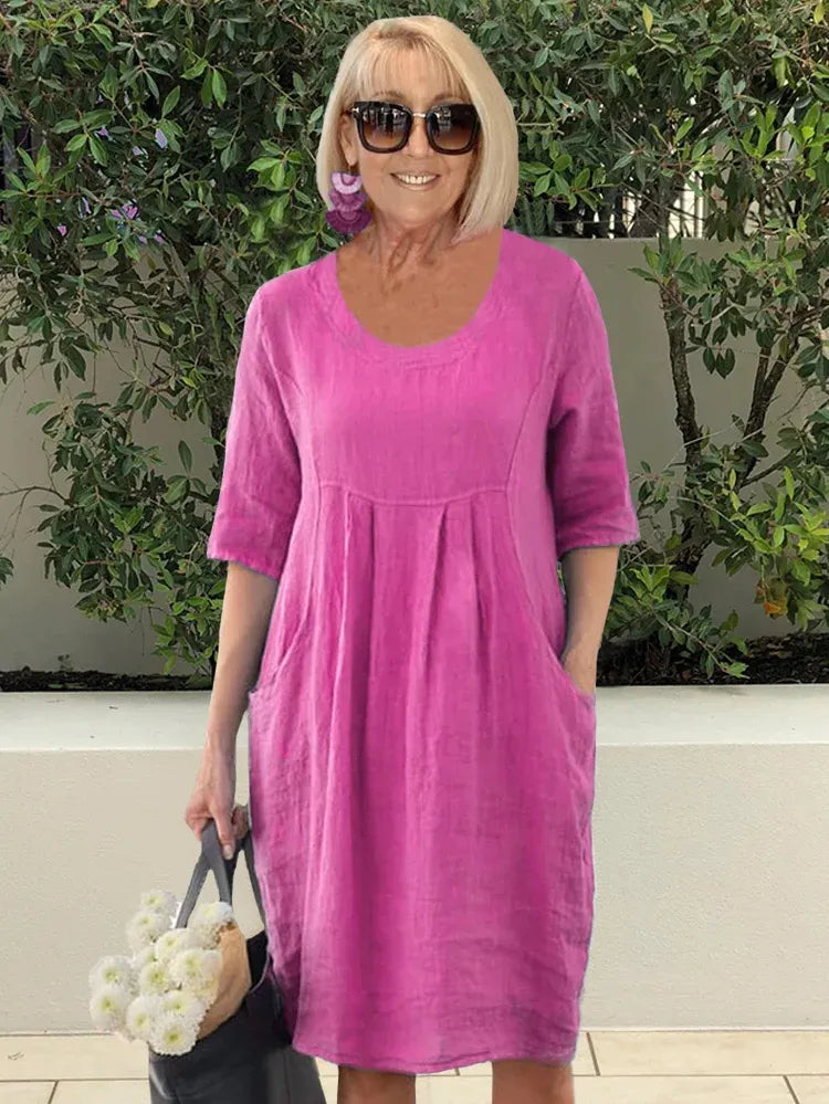 Linnen jurk | Losse pasvorm | Halve mouwen | Casual jurk | Zomerjurk-Boetiek Moda
