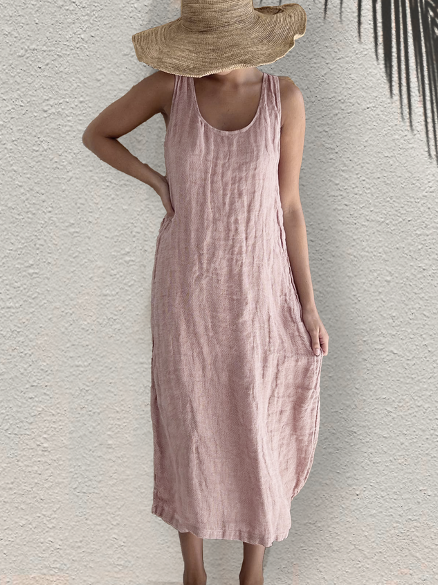 Linnen jurk - Mouwloos - Losvallend - Maxi-jurk - Zomerjurk-Boetiek Moda