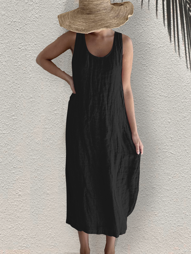 Linnen jurk - Mouwloos - Losvallend - Maxi-jurk - Zomerjurk-Boetiek Moda