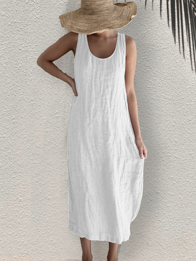 Linnen jurk - Mouwloos - Losvallend - Maxi-jurk - Zomerjurk-Boetiek Moda