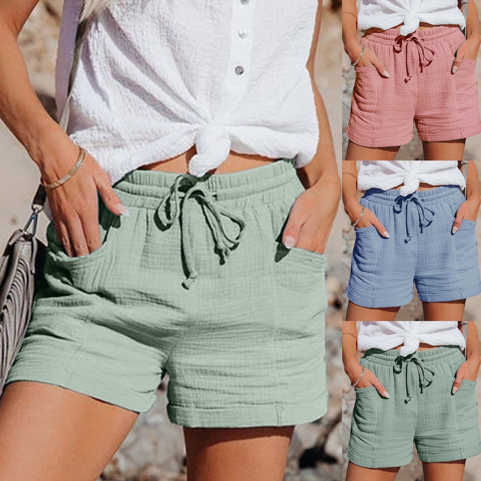 Linnen korte broek | Mini | Elastische tailleband | Zomerse korte broek | Korte broek voor dames-Boetiek Moda