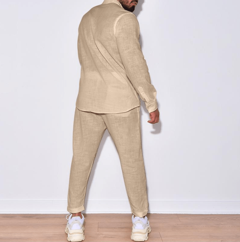 Linnen set - Beige shirt en broek voor mannen, tweedelige set voor de zomer-Boetiek Moda