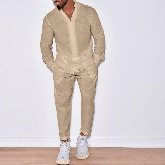 Linnen set - Beige shirt en broek voor mannen, tweedelige set voor de zomer-Boetiek Moda