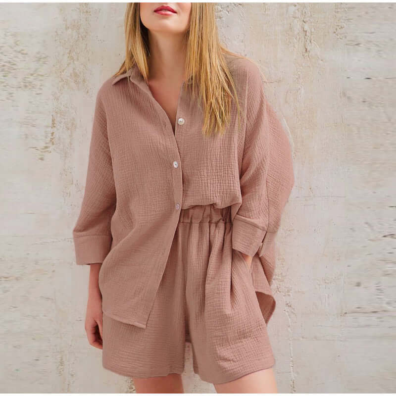 Linnen tweedelige set | Button-Up | Zomer | Korte broek en overhemd | Linnen Co-Ord Set Vrouwen-Boetiek Moda