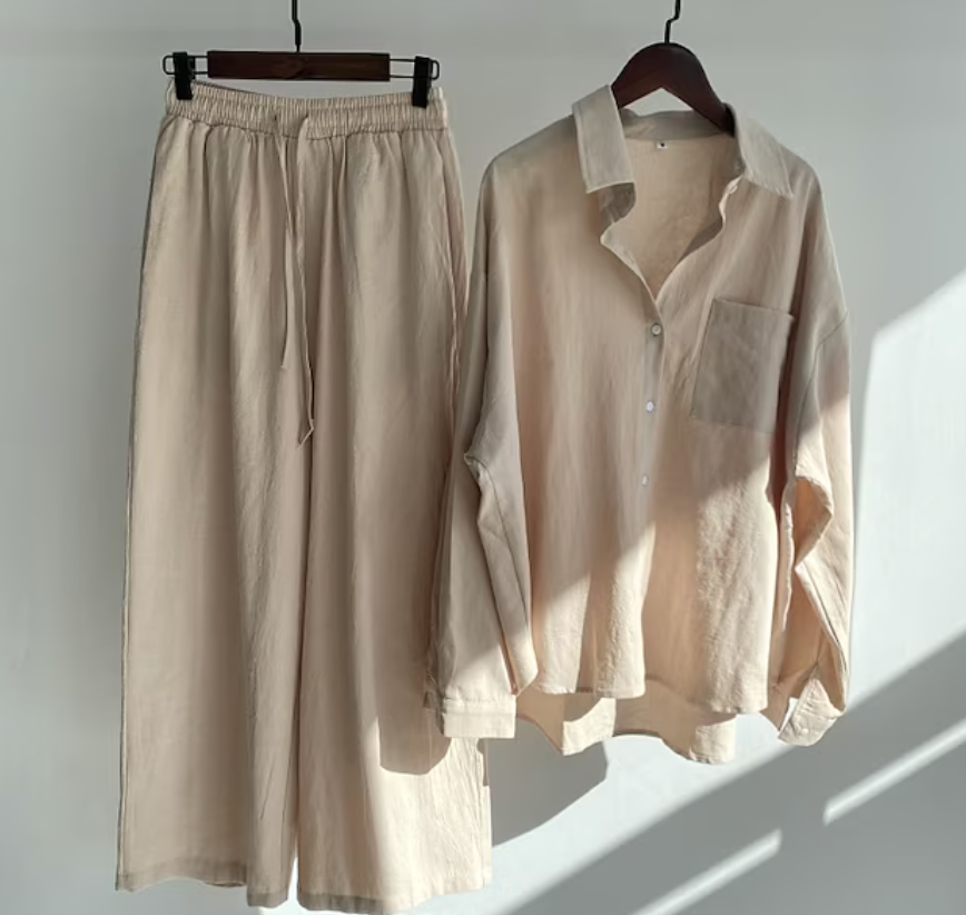 Linnen tweedelige set - Lichtgewicht - Wijde pijpen - Linnen co-örd - Zomerkleding voor dames-Boetiek Moda